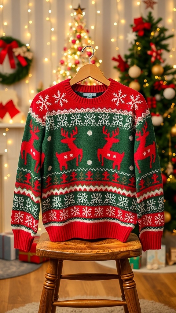 A festive Christmas jumper with snowflakes and reindeer patterns, set against a backdrop of fairy lights and a Christmas tree.